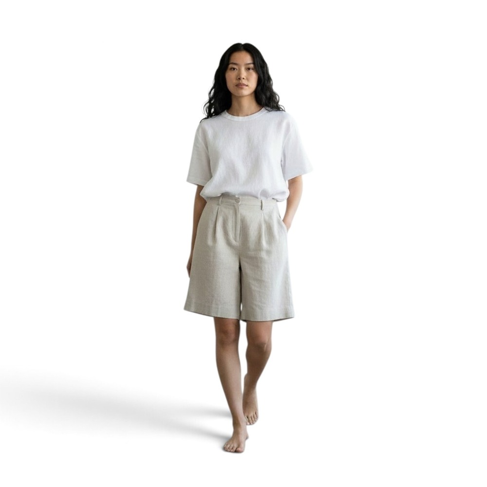 Pendleton Shorts Women 14 Beige Excellent Linen Blend High Rise Pleated Bermuda